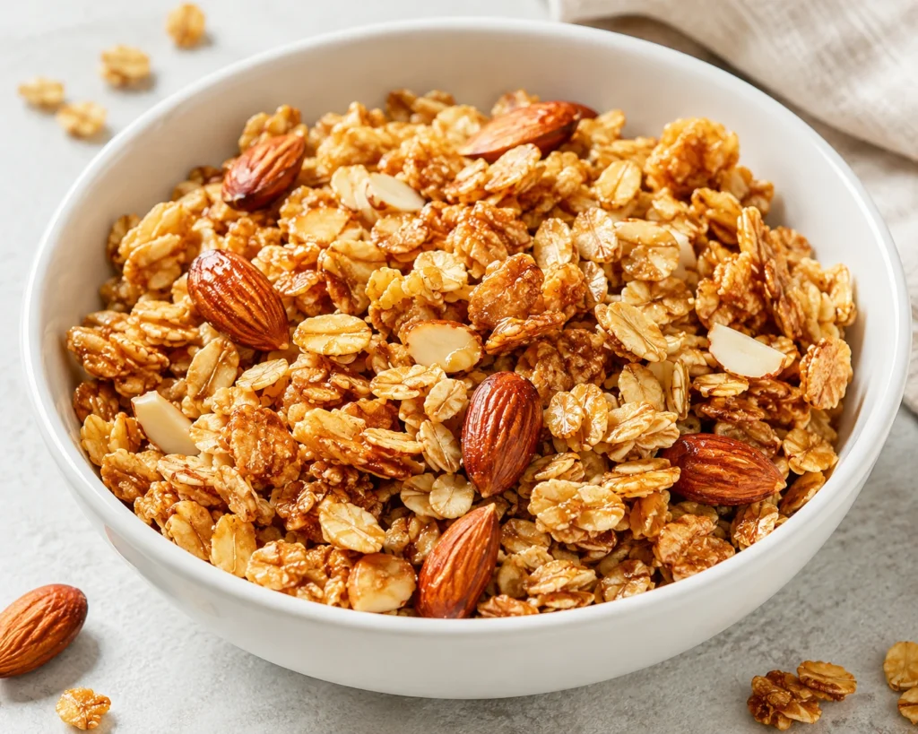 Honey Almond Granola Oats served in a white bowl with crunchy oats and roasted almonds