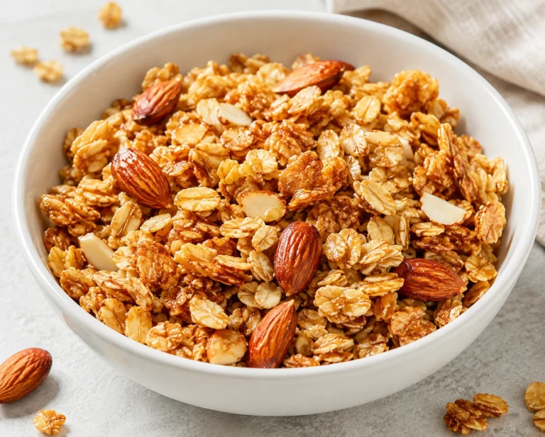 Honey Almond Granola Oats served in a white bowl with crunchy oats and roasted almonds