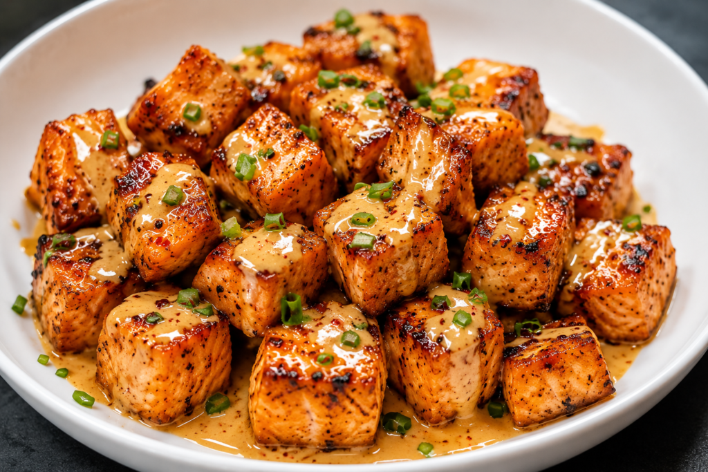 omemade Crispy Bang Bang Salmon Bites Recipe served in a white bowl with crispy salmon cubes coated in creamy spicy sauce and topped with fresh green onions.