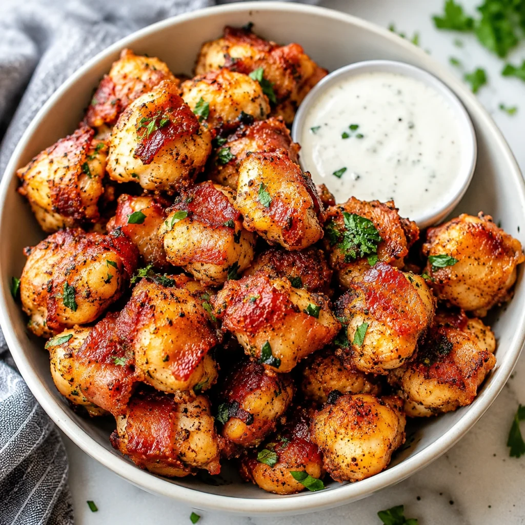 Crispy Keto Air Fryer Bacon Ranch Chicken Bites served in a white bowl with creamy ranch dipping sauce and fresh parsley.