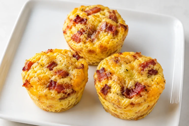 Three cheesy Keto Egg Bites with crispy bacon pieces served on a white plate for a healthy low carb breakfast.