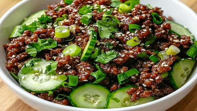 A close-up of a Keto Korean Ground Beef with Cucumber Salad, garnished with sesame seeds, cilantro, and green onions.