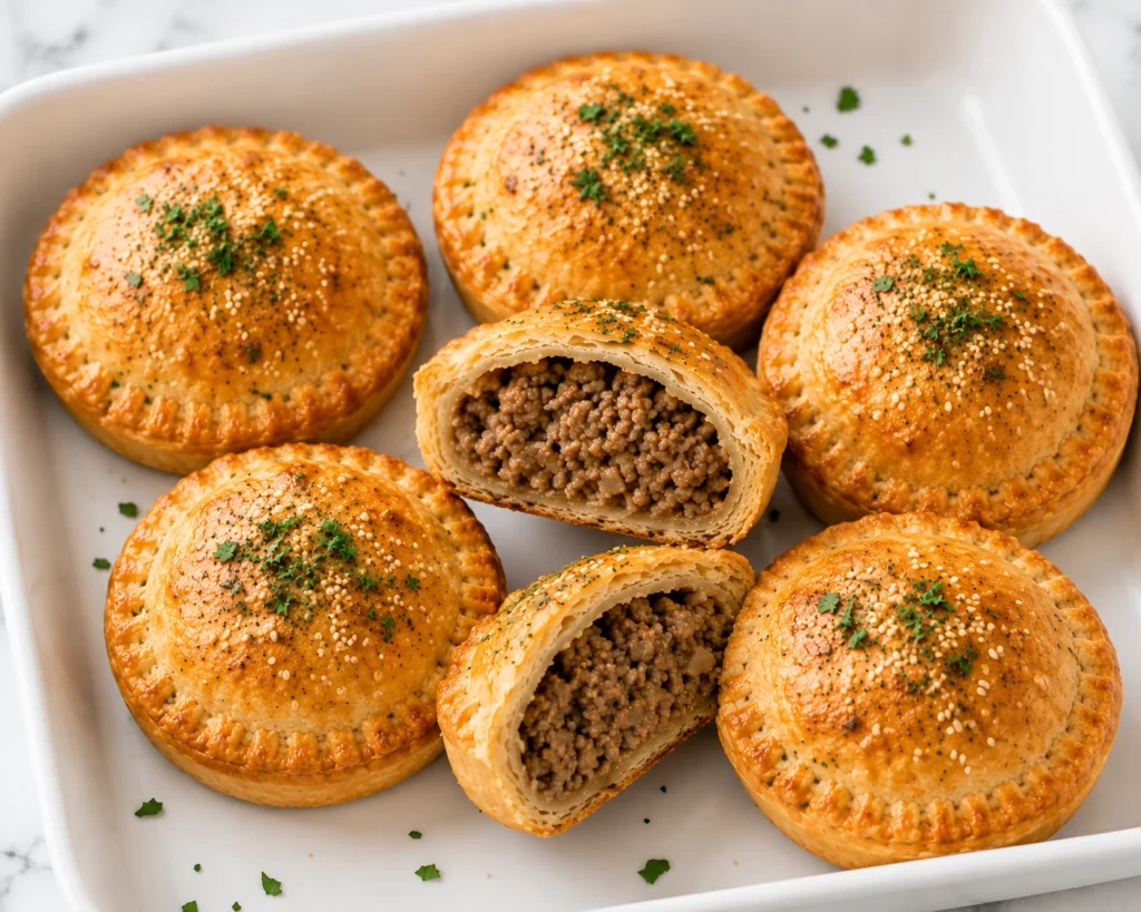 Golden homemade Keto Meat Pies served in a white baking dish with flaky crust and savory beef filling, perfect for a low-carb comfort meal.