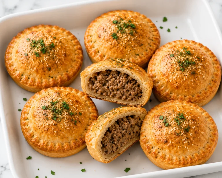 Golden homemade Keto Meat Pies served in a white baking dish with flaky crust and savory beef filling, perfect for a low-carb comfort meal.