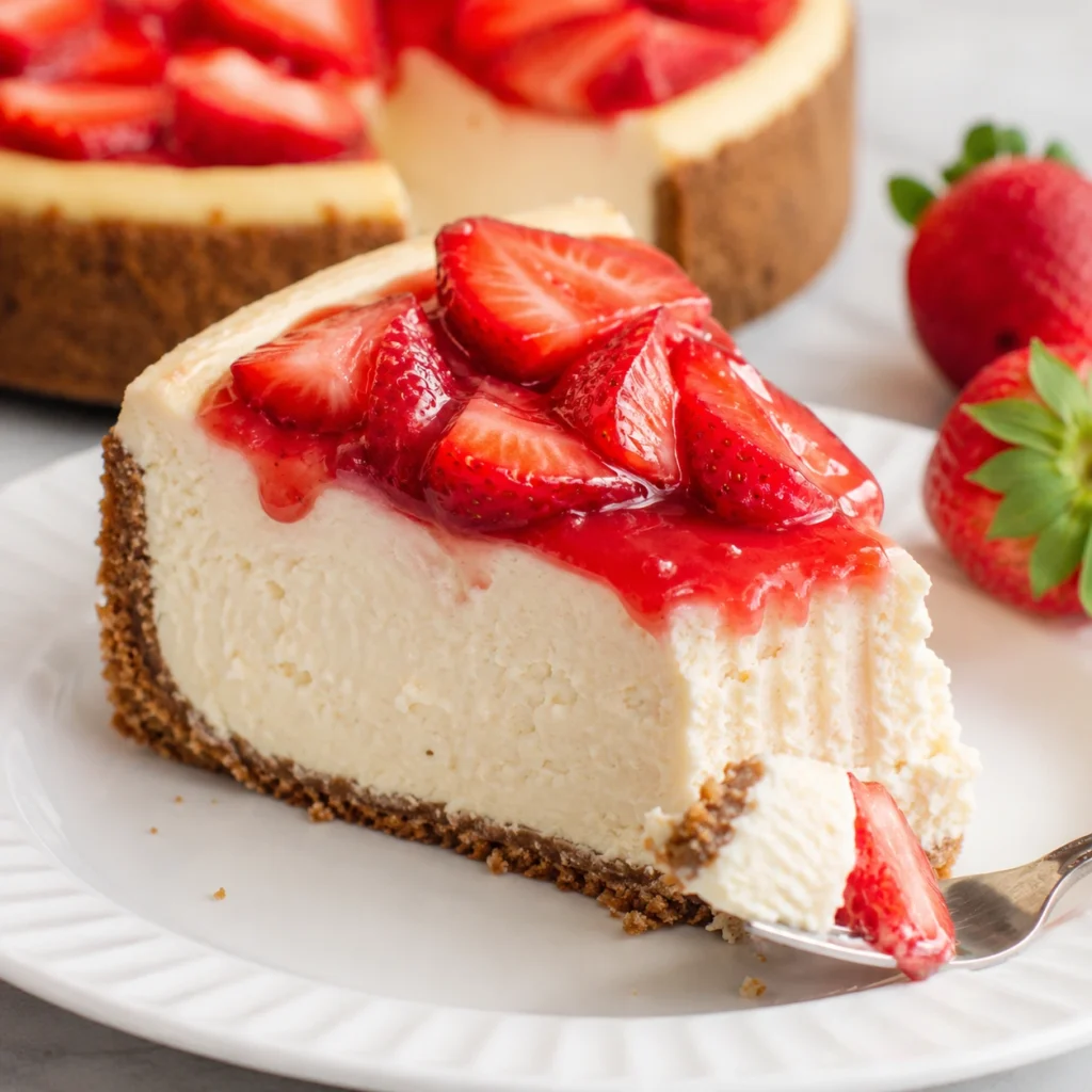 Irresistible Keto Strawberry Cheesecake topped with fresh strawberries on a creamy sugar-free cheesecake with a low-carb almond flour crust.
