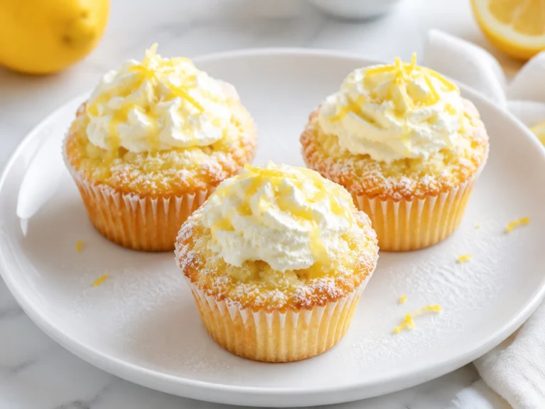 Lemon Cream Cheese Muffins topped with creamy frosting and fresh lemon zest served on a white plate.