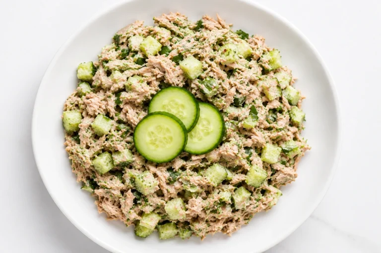 Lemon Herb Tuna Cucumber Salad served on a white plate with flaky tuna, diced cucumbers, fresh herbs, and cucumber slices on top.