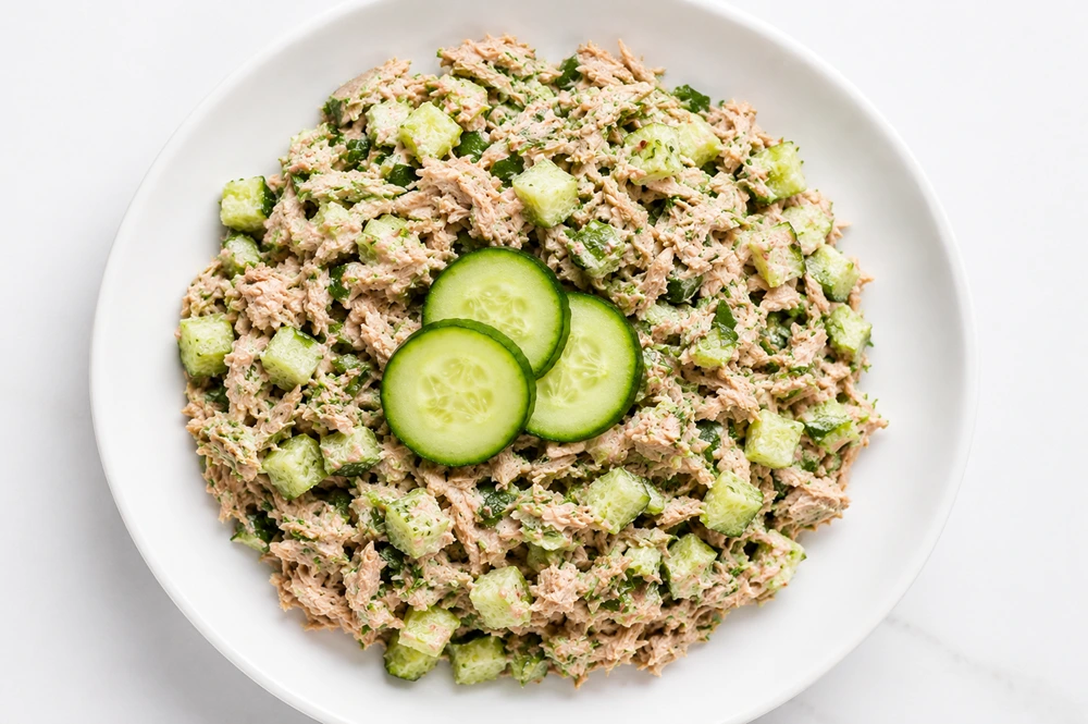 Lemon Herb Tuna Cucumber Salad served on a white plate with flaky tuna, diced cucumbers, fresh herbs, and cucumber slices on top.