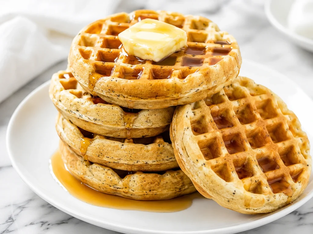 Lemon Poppy Seed Protein Waffles stacked on a white plate, topped with melted butter and maple syrup, creating a fluffy high-protein breakfast.
