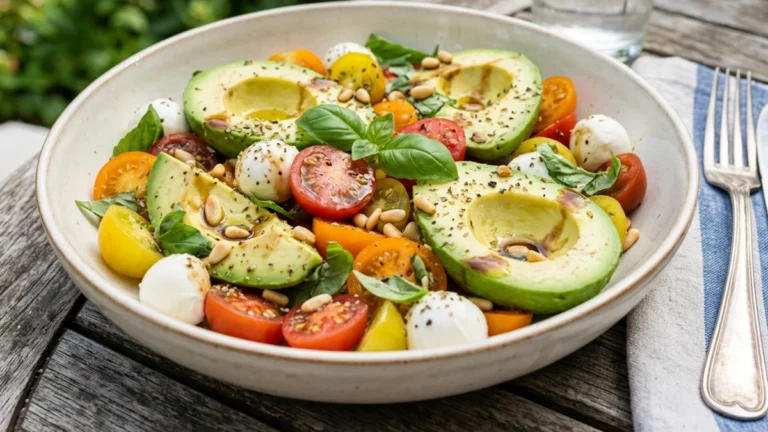 Light Avocado Caprese Salad and mozzarella salad served in a white bowl, garnished with cherry tomatoes and basil.