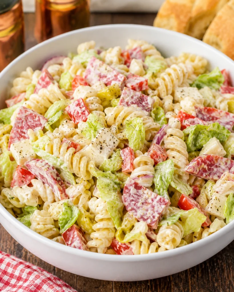 Creamy Loaded Grinder Pasta Salad served in a white bowl with rotini pasta, salami, cheese, lettuce, and colorful vegetables.