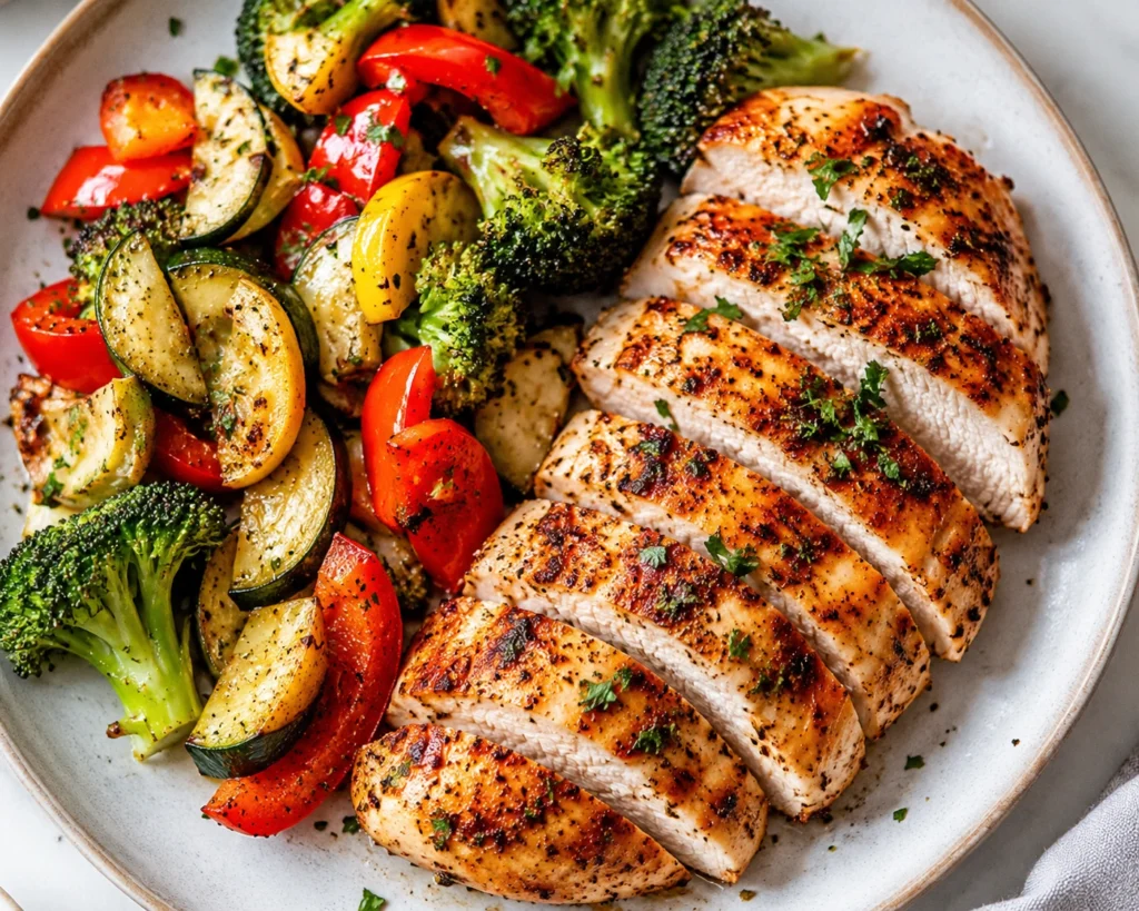 Low Carb Chicken Dinner Recipe featuring juicy grilled chicken breast served with broccoli, zucchini, yellow squash, and red bell peppers in a healthy high-protein meal.