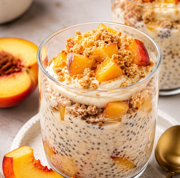 Creamy Low-Carb Peach Cheesecake Overnight Oats Style Chia Bowls topped with fresh peaches and cheesecake crumble in a glass jar.