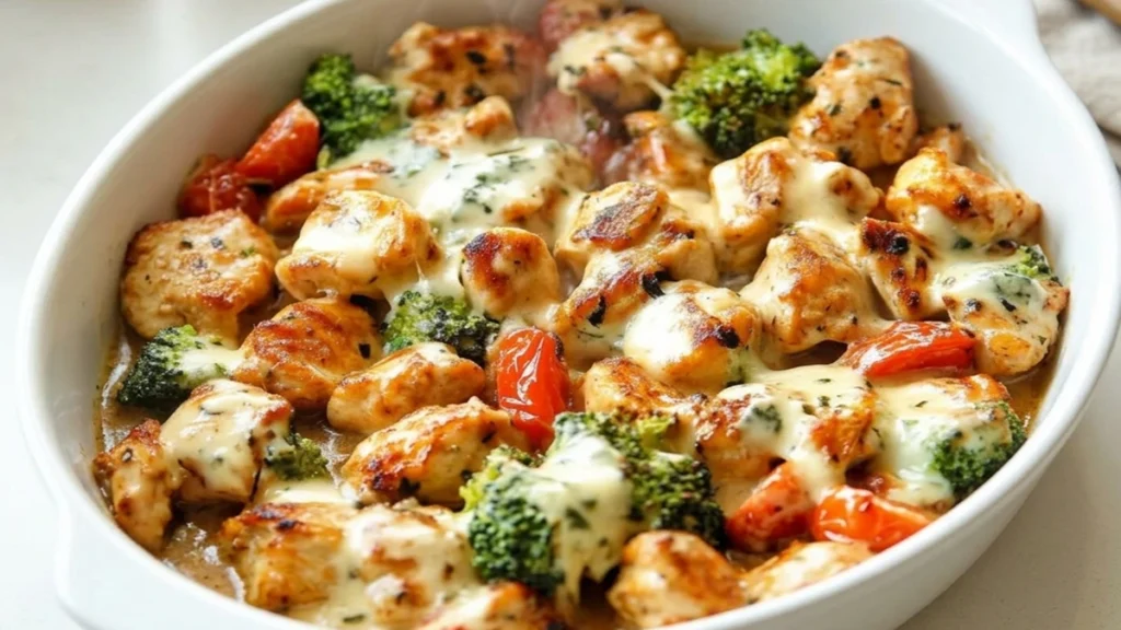 Low-Carb Tuscan Chicken with creamy garlic sauce, broccoli, and roasted red peppers in a skillet