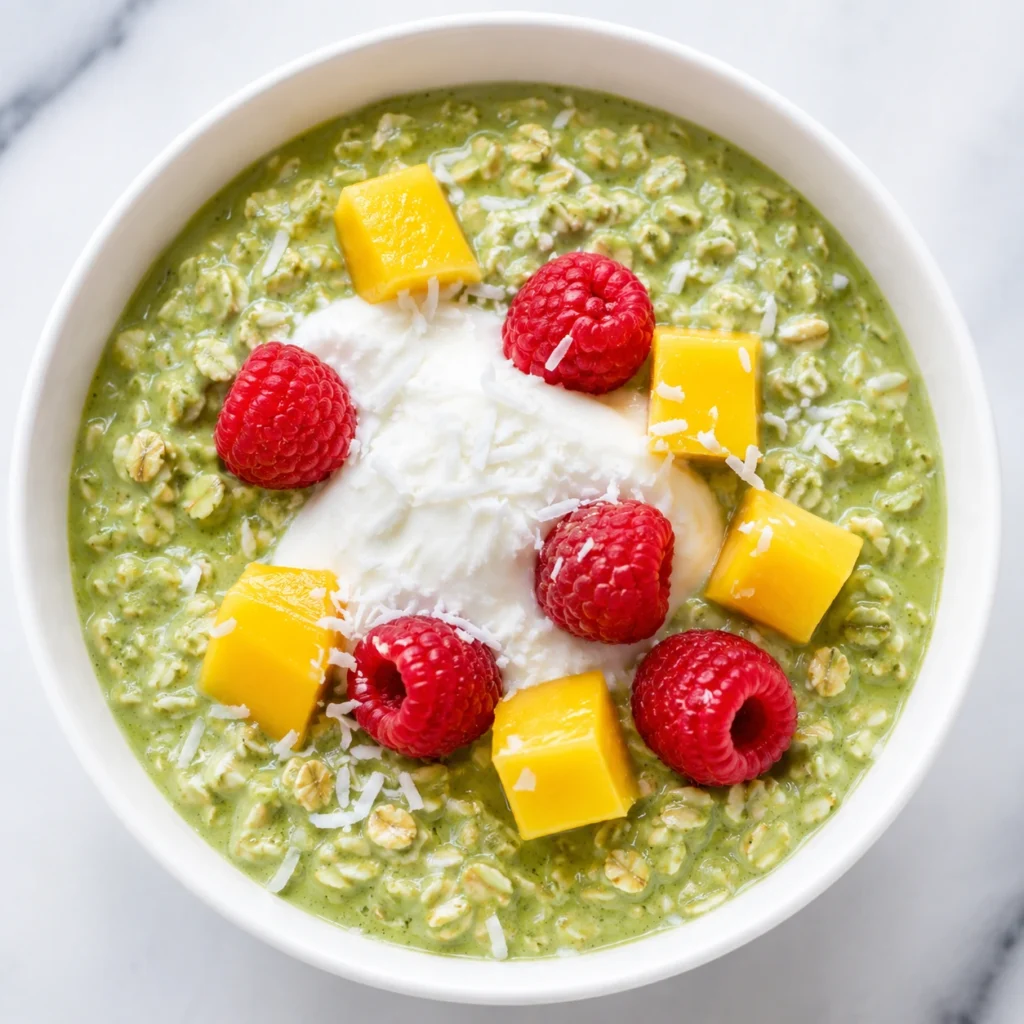 Creamy Matcha Coconut Overnight Oats topped with fresh raspberries, mango chunks, yogurt, and shredded coconut in a white bowl.