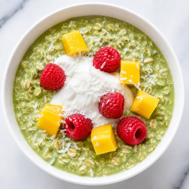 Creamy Matcha Coconut Overnight Oats topped with fresh raspberries, mango chunks, yogurt, and shredded coconut in a white bowl.