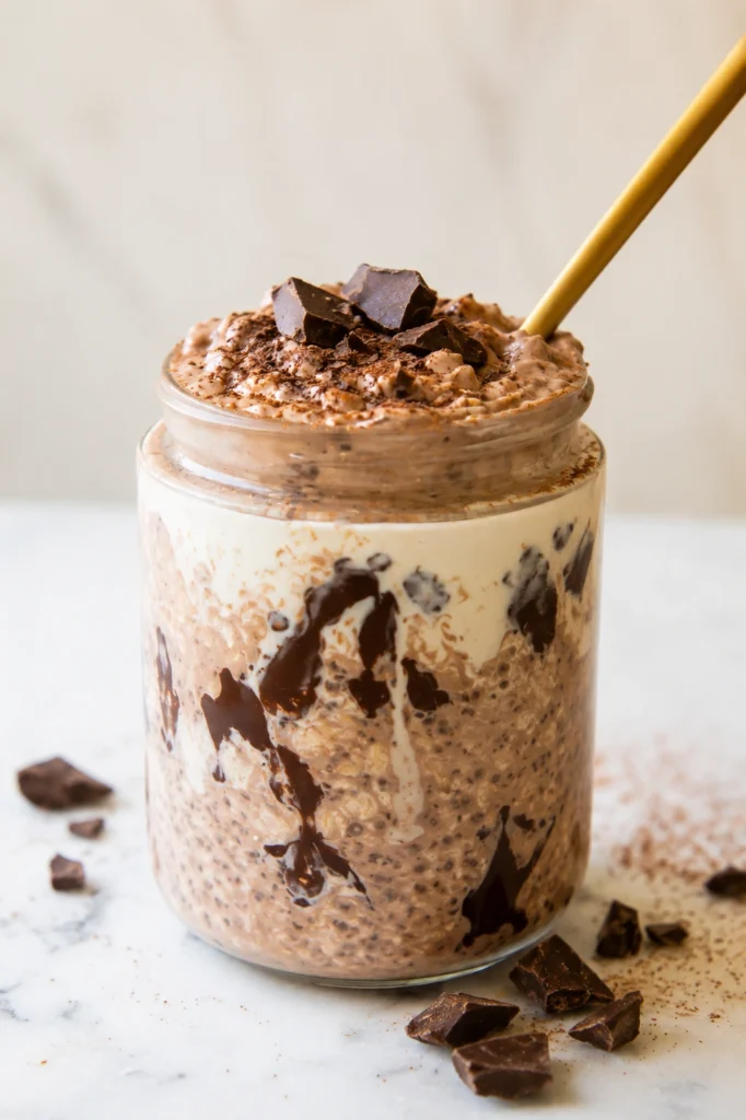 Creamy Mocha Coffee Overnight Oats in a glass jar topped with chocolate chunks and cocoa powder for an easy healthy breakfast.