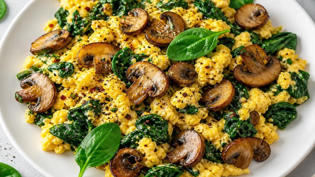 A plate of Mushroom Spinach Scrambled Eggs, featuring fluffy scrambled eggs mixed with fresh spinach and topped with golden sautéed mushrooms.