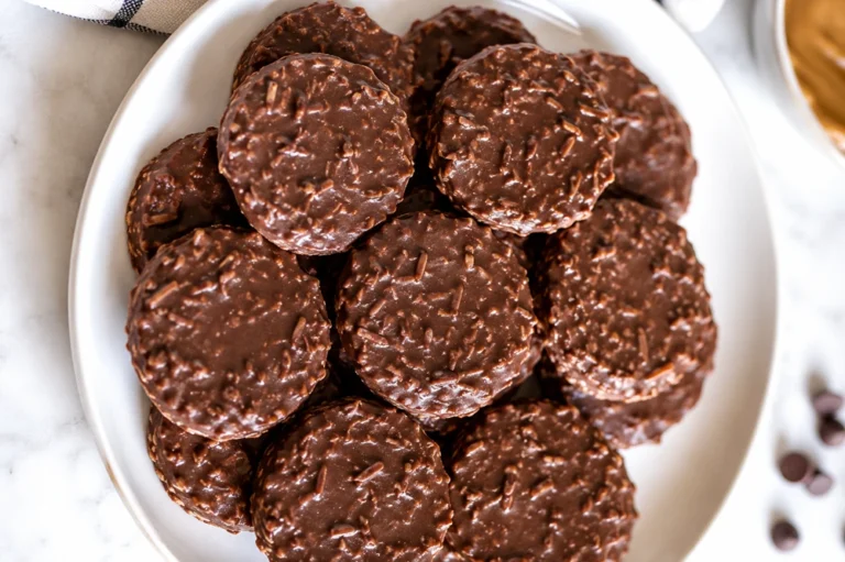 Close-up of rich and chewy No Bake Peanut Butter Cookies stacked on a white plate with a glossy chocolate coating.