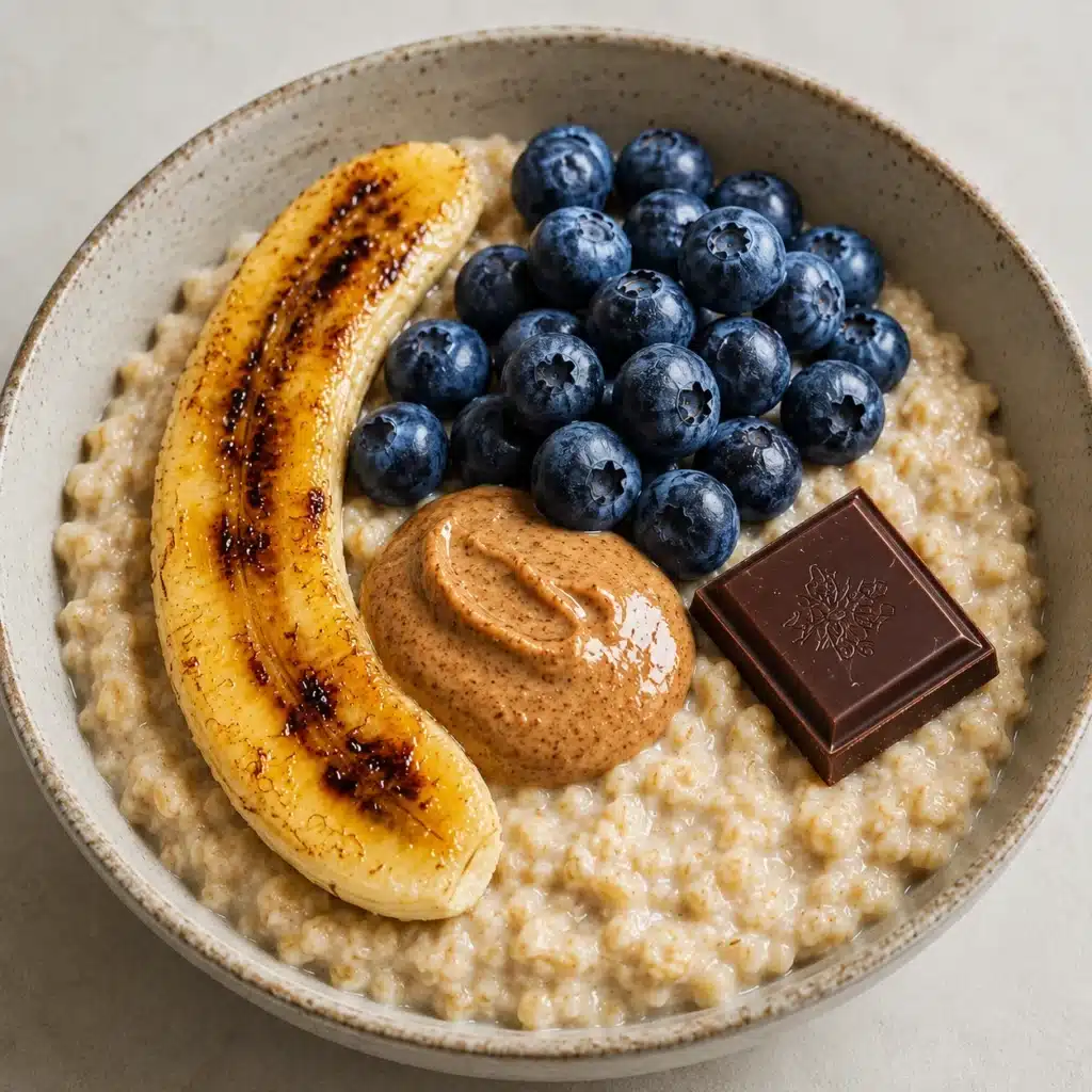 Creamy Oatmeal with Caramelized Banana, fresh blueberries, peanut butter, and dark chocolate in a rustic ceramic bowl.