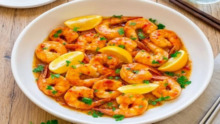 Close-up view of a white dish filled with Orange Chili Shrimp Bowl, garnished with lemon wedges and parsley, placed on a light wood table.