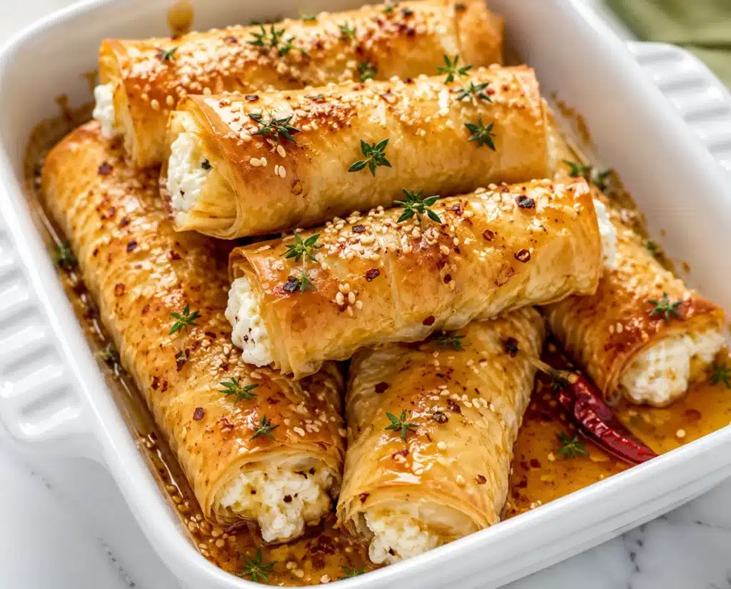 Crispy Oven-Fried Feta Rolls with Spicy Chili Honey served in a white baking dish, topped with sesame seeds, herbs, and chili flakes.