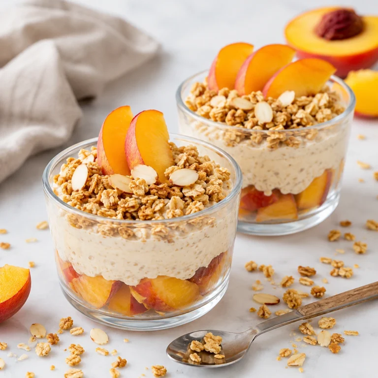 Two glass bowls filled with creamy Peach Cobbler Overnight Oats layered with fresh peaches and crunchy granola on a white table.