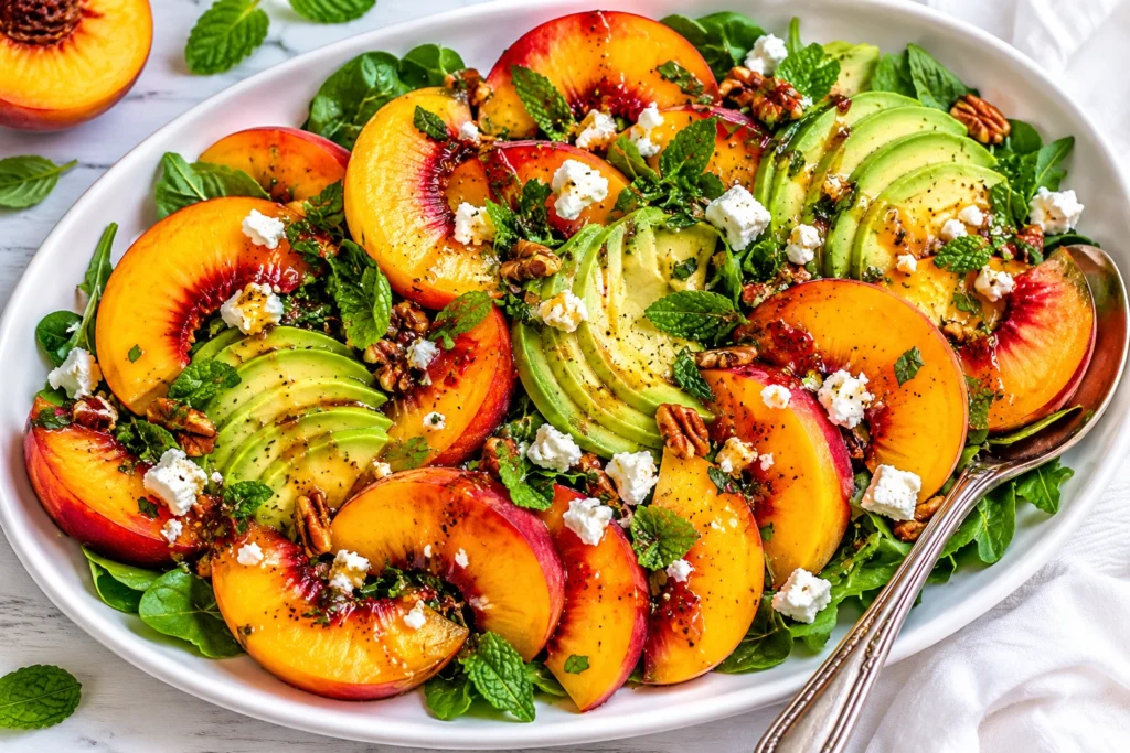 PPeach Salad Recipe Light made with fresh peach slices, avocado, feta cheese, mixed greens, pecans, and herbs served on a white platter.