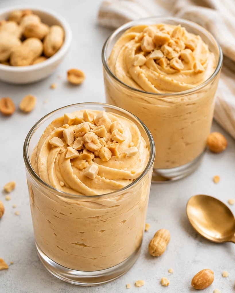 Creamy peanut butter mousse served in two glass cups topped with chopped peanuts on a light marble background.