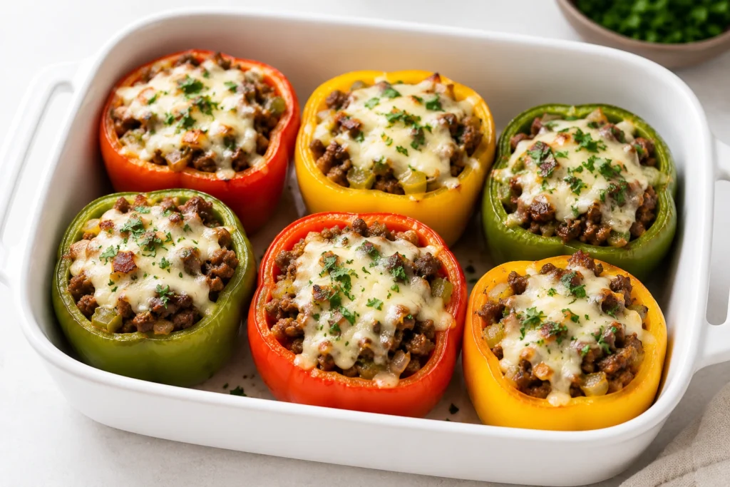 Philly Cheesesteak Stuffed Peppers filled with seasoned beef, onions, melted cheese, and herbs in a white baking dish.