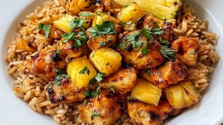 A bowl of Pineapple Chicken and Rice topped with caramelized chicken pieces, pineapple chunks, and fresh cilantro, served in a white bowl.
