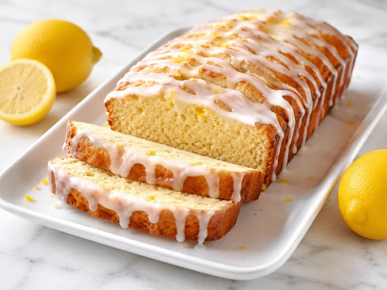Protein Lemon Loaf topped with sweet lemon glaze, sliced and served on a white platter with fresh lemons, showing a moist and fluffy texture.