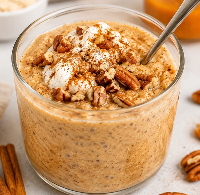 Creamy Pumpkin Spice Overnight Oats served in a glass bowl with yogurt, pecans, and cinnamon for a cozy fall breakfast.