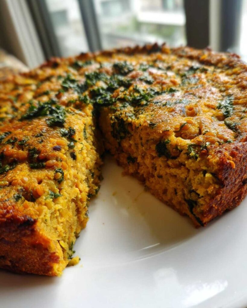 Close-up of a golden baked Quinoa Lentil Spinach Bake recipe sliced on a white plate with lentils and spinach visible inside.