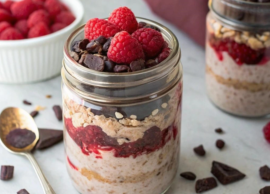 Raspberry Dark Chocolate Oats layered in a glass jar with fresh raspberries and dark chocolate chips