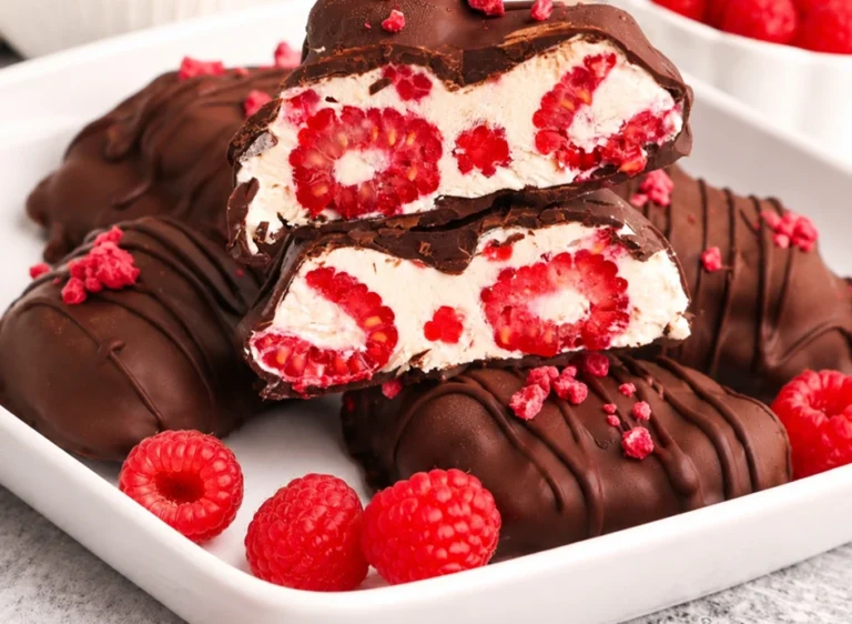 Chocolate-covered Raspberry Yogurt Clusters served in a white dish with creamy yogurt filling, fresh raspberries, and dark chocolate drizzle.