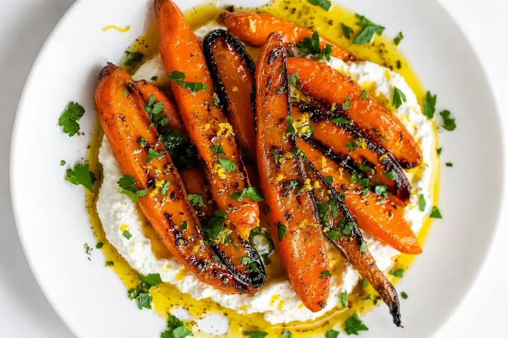 Roasted Carrots with Whipped Ricotta and Hot Honey served on a white plate with fresh herbs, olive oil, and charred caramelized edges.