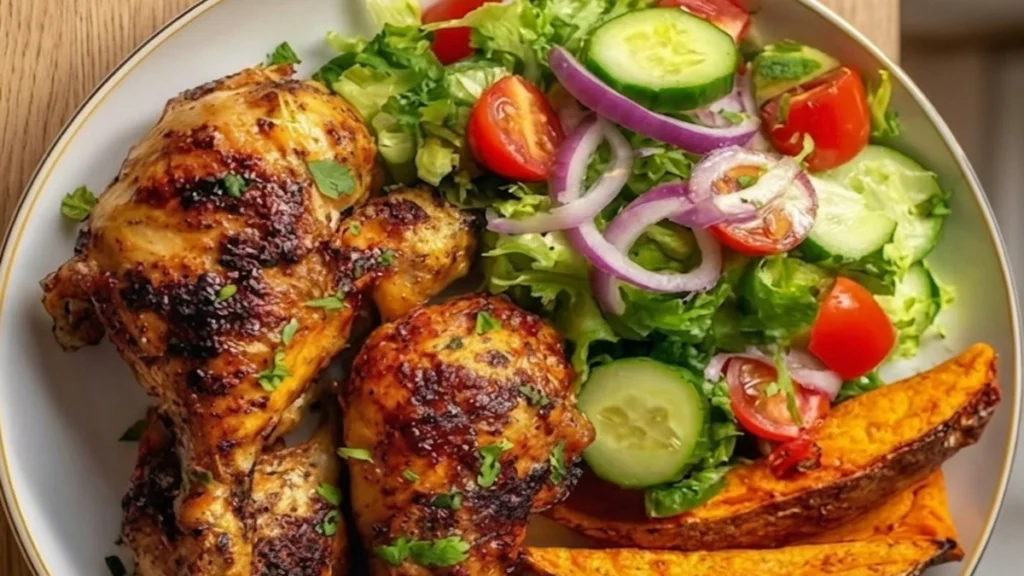 Roasted Chicken Drumsticks with Sweet Potato and fresh salad served on a white plate on a wooden surface.