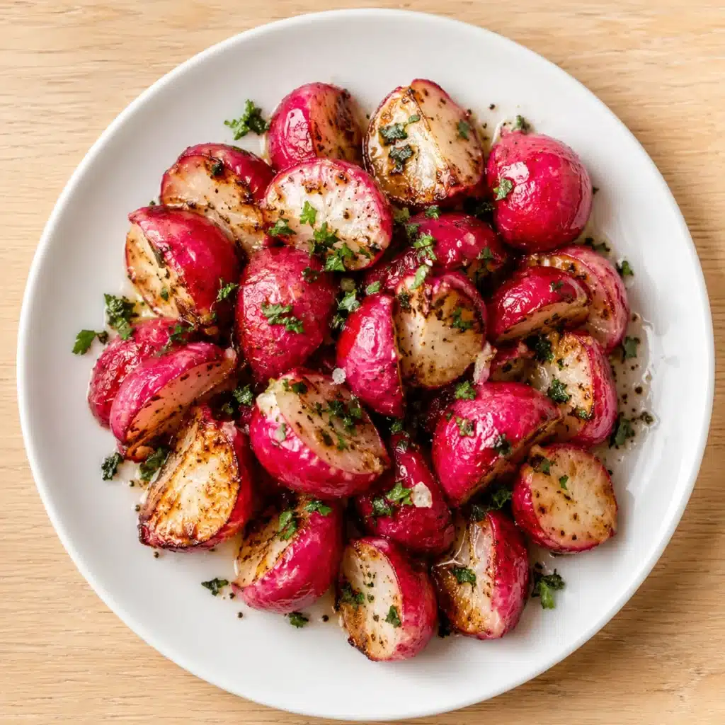 Roasted radishes with butter and sea salt recipe served on a white plate over a beige wooden table, garnished with fresh herbs and black pepper.