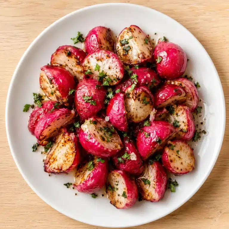 Roasted radishes with butter and sea salt recipe served on a white plate over a beige wooden table, garnished with fresh herbs and black pepper.
