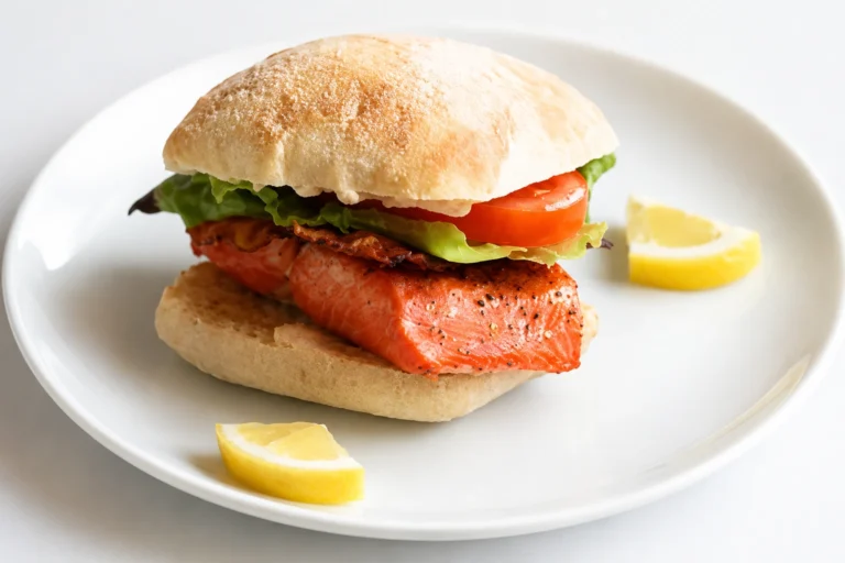 Salmon BLT Sandwiches with Spicy Garlic Mayo served on a rustic bun with fresh lettuce, tomato, crispy bacon, and grilled salmon fillet.