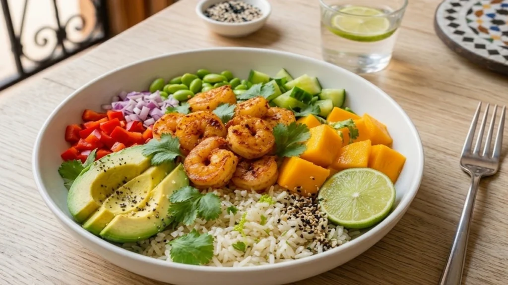 Shrimp Mango Rice Bowl served in a white bowl on a light wood table.
