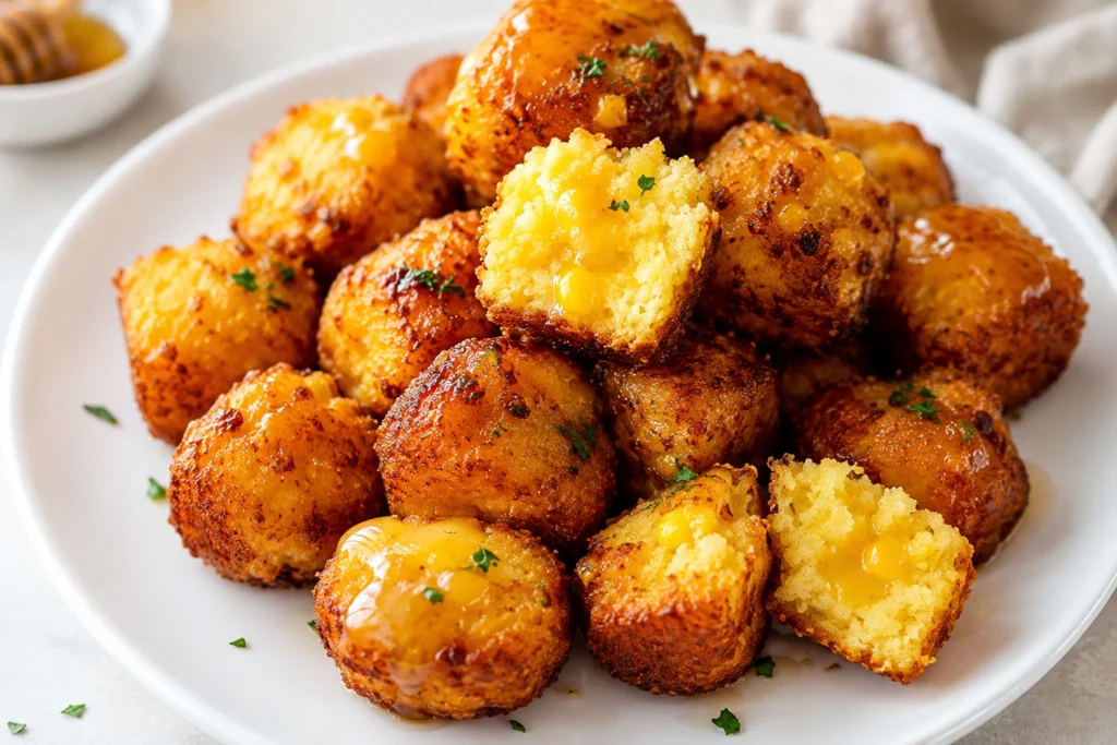 Southern-Style Honey Butter Cornbread Poppers served on a white plate with a crispy golden crust, gooey buttery center, and sweet honey glaze.