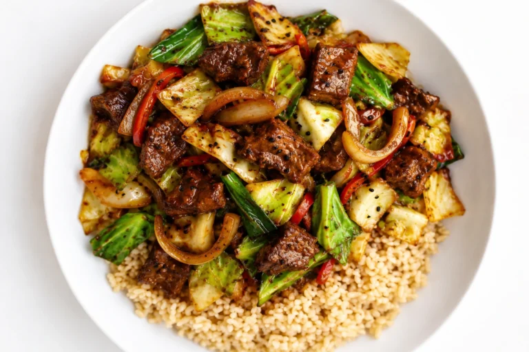 Spicy Sesame Ground Beef & Cabbage Stir Fry served in a white bowl with cabbage, onions, peppers, sesame sauce, and rice.