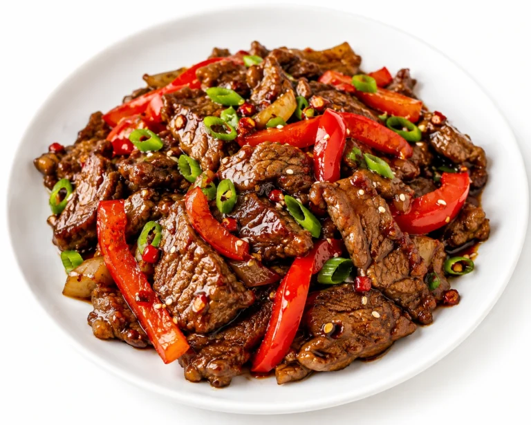 Spicy Szechuan Beef and Cabbage served on a white plate with tender beef, red peppers, green onions, and sesame seeds
