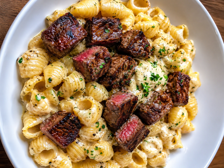 Creamy Steak Bites and Shell Pasta in Garlic Butter Alfredo Sauce served in a white bowl with juicy seared steak cubes, buttery Alfredo sauce, and tender shell pasta topped with herbs.