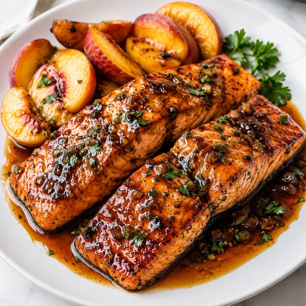 Sticky Bourbon Peach Salmon Recipe served on a white plate with glazed salmon fillets, caramelized peaches, and fresh parsley.