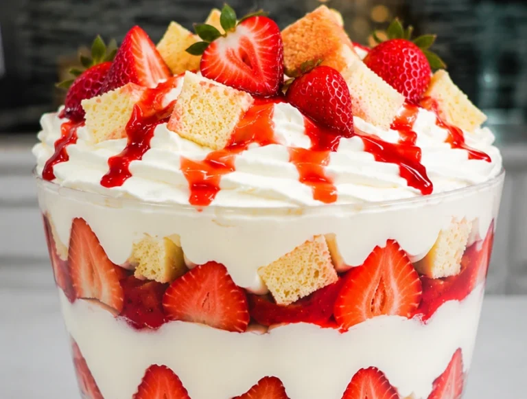 Strawberry Banana Pudding Dream Holiday layered dessert in a glass trifle bowl with fresh strawberries, creamy pudding, whipped topping, and sponge cake cubes.
