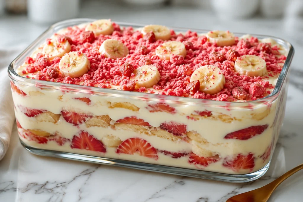 Creamy Strawberry Crunch Banana Pudding layered with fresh strawberries, banana slices, vanilla pudding, and crunchy pink topping in a clear glass baking dish.
