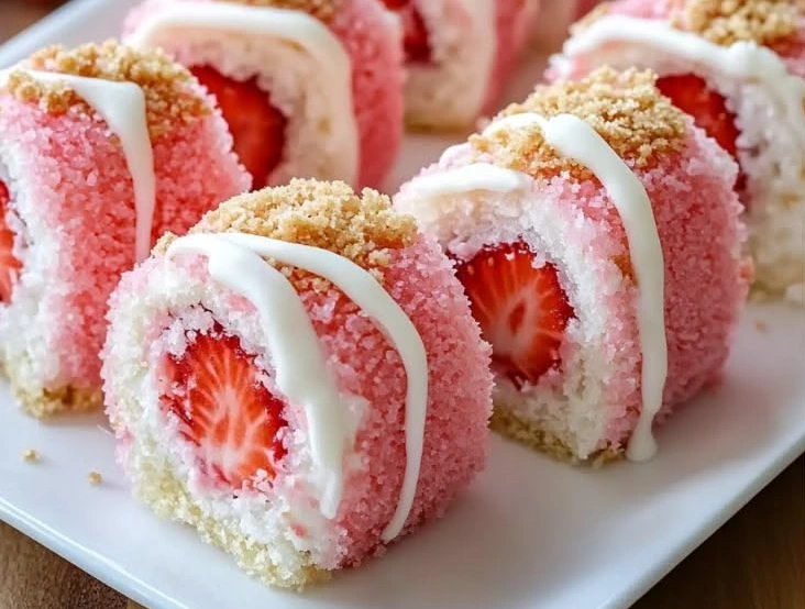 Strawberry Shortcake Cheesecake Dessert Sushi Rolls topped with creamy drizzle and graham cracker crumbs on a white plate.